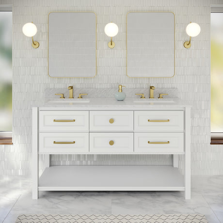 Jeffrey Alexander Kipling 60" White Double Sink Bathroom Vanity with White Carrara Marble Top - 8 in. Widespread Faucet Top