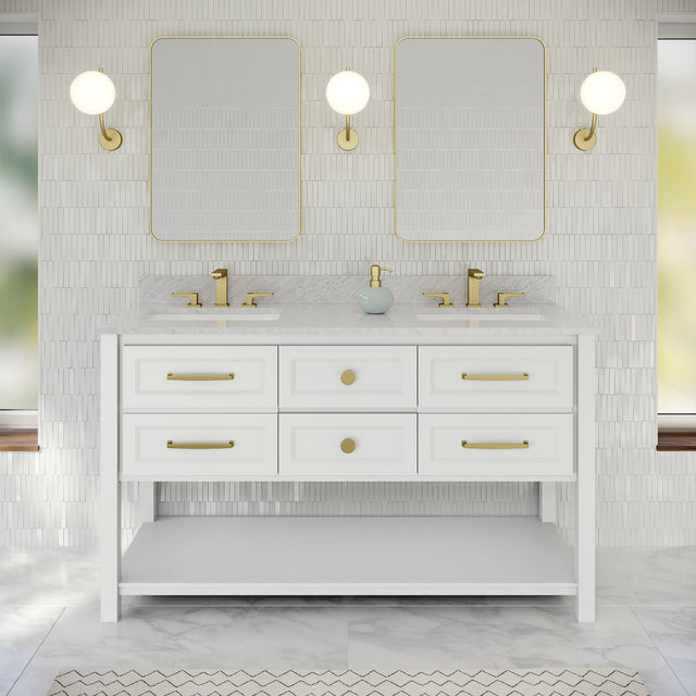 Jeffrey Alexander Kipling 60" White Double Sink Bathroom Vanity with White Carrara Marble Top - 8 in. Widespread Faucet Top