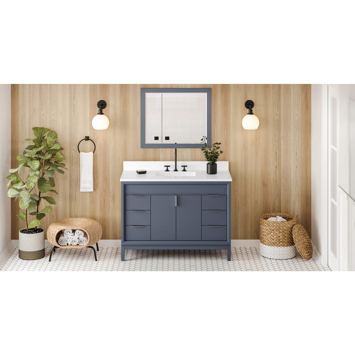 Jeffrey Alexander Theodora 48" Blue Steel Single Sink Bathroom Vanity with White Quartz Top - 8 in. Widespread Faucet Top