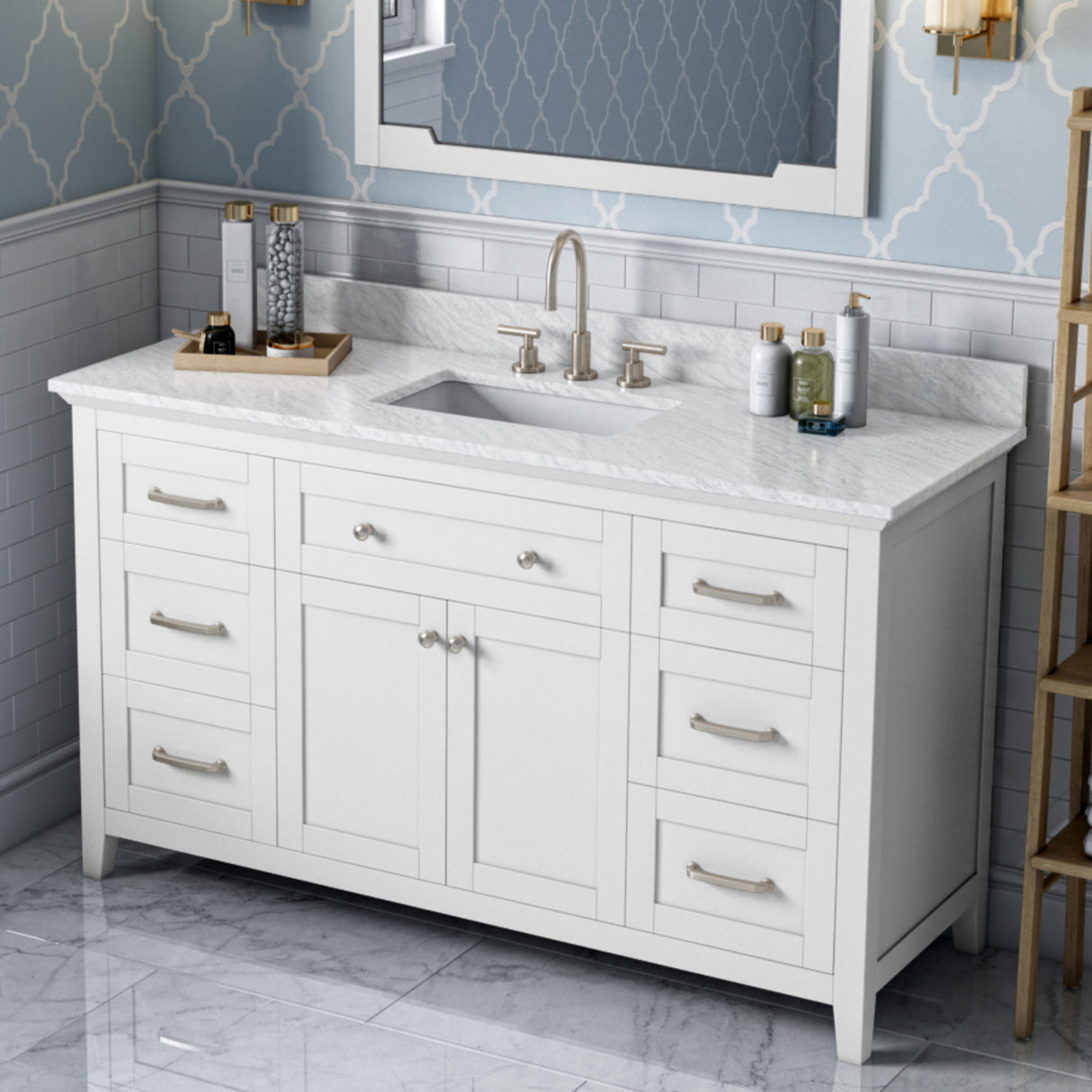 Jeffrey Alexander Chatham 60" White Double Sink Bathroom Vanity with White Carrara Marble Top - 8 in. Widespread Faucet Top - VKITCHA60SWHWCR product image 2
