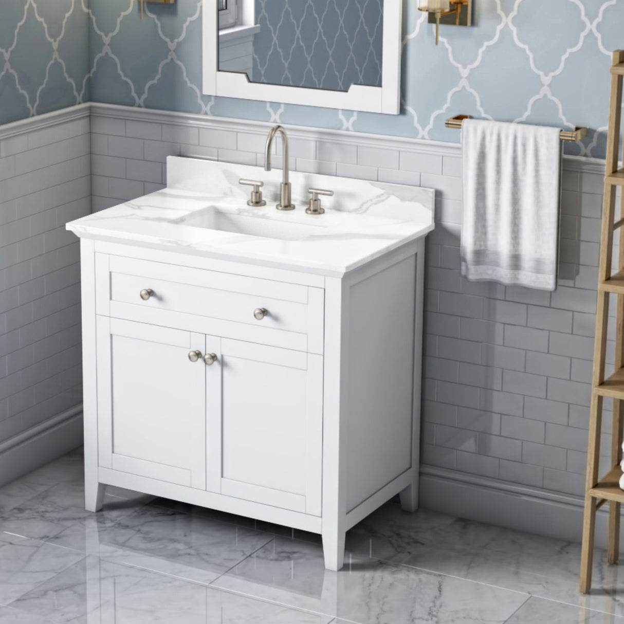 Jeffrey Alexander Chatham 36" White Single Sink Bathroom Vanity with Calacatta Vienna Quartz Top - 8 in. Widespread Faucet Top product image 2