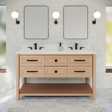 Jeffrey Alexander Kipling 60" Natural Oak Double Sink Bathroom Vanity with White Quartz Top - 8 in. Widespread Faucet Top