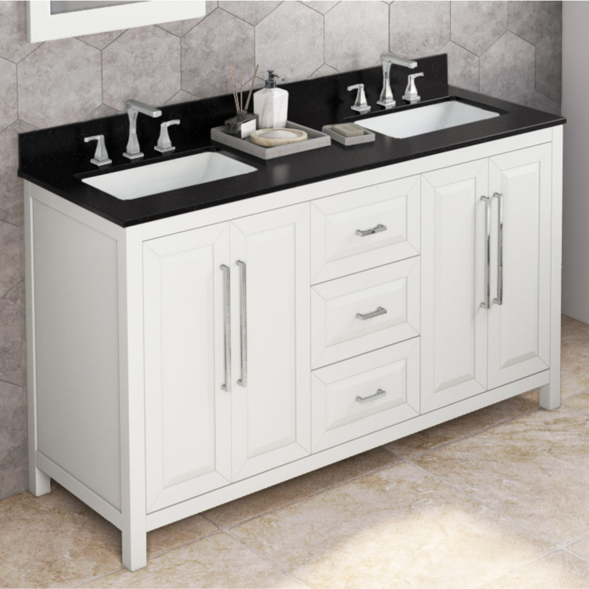 Jeffrey Alexander Cade 60" White Double Sink Bathroom Vanity with Black Granite Top - 8 in. Widespread Faucet Top product image 2