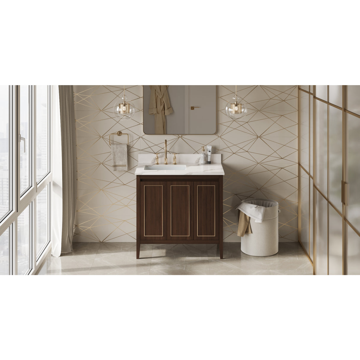 Jeffrey Alexander Percival 36" Dark Walnut Single Sink Bathroom Vanity with Calacatta Vienna Quartz Top - 8 in. Widespread Faucet Top