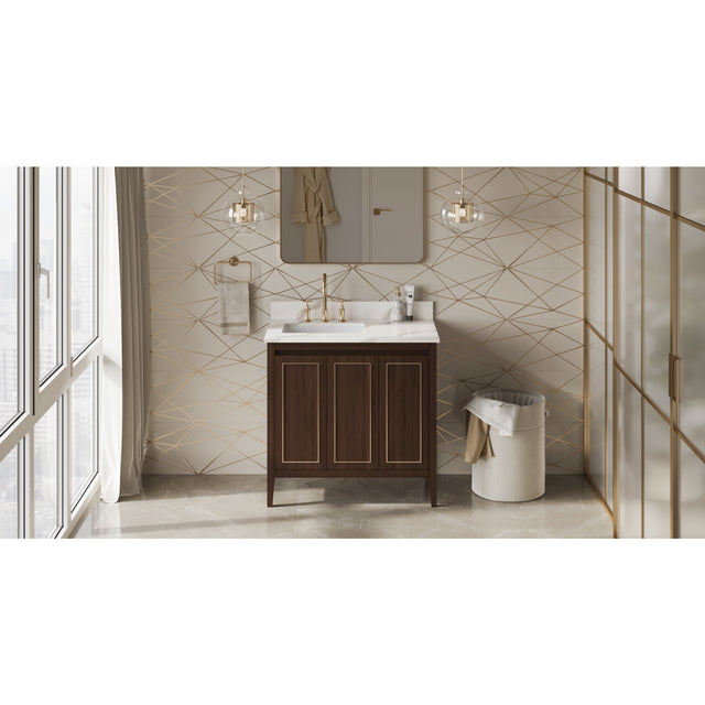 Jeffrey Alexander Percival 36" Dark Walnut Single Sink Bathroom Vanity with Calacatta Vienna Quartz Top - 8 in. Widespread Faucet Top