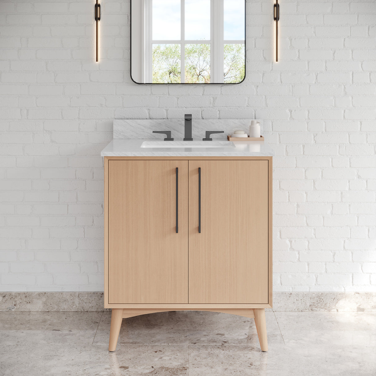Jeffrey Alexander Dashwood Natural Oak Single Sink Bathroom Vanity with White Carrara Marble Top - Single-Hole Faucet Top - VKITDAS30NOWCR