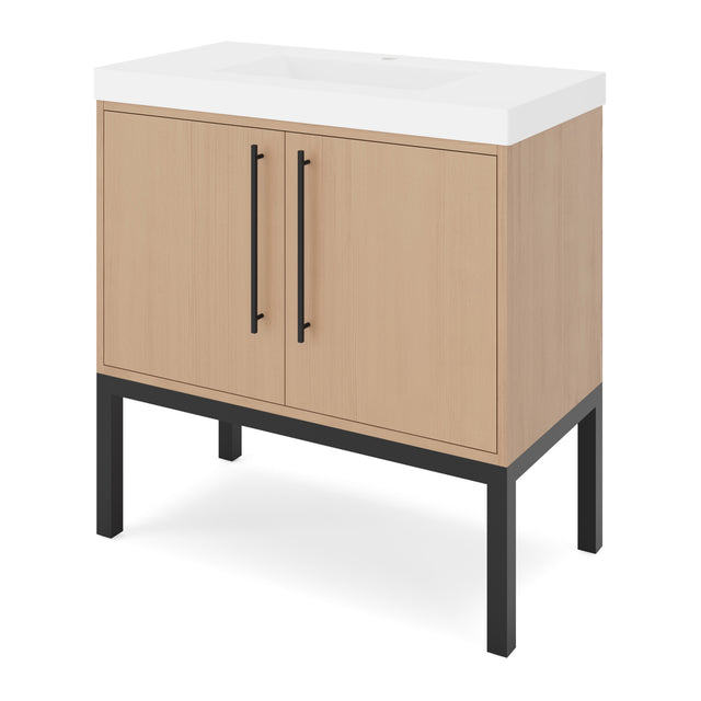 Jeffrey Alexander Tempest 36" Natural Oak Single Sink Bathroom Vanity with White Resin Top - Single-Hole Faucet Top - VKTEM36NOSQRE