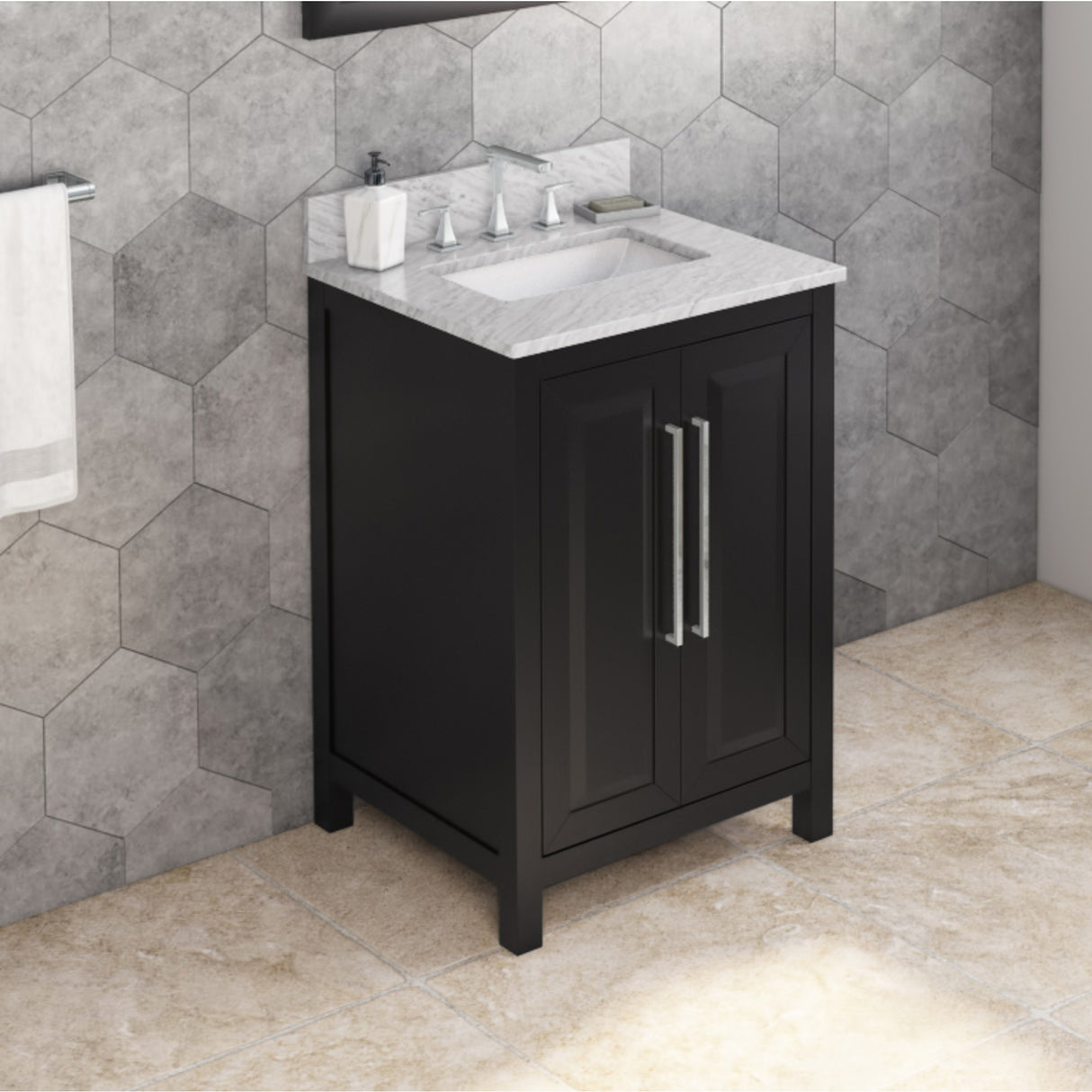 Jeffrey Alexander Cade 24" Black Single Sink Bathroom Vanity with White Carrara Marble Top - 8 in. Widespread Faucet Top product image 2