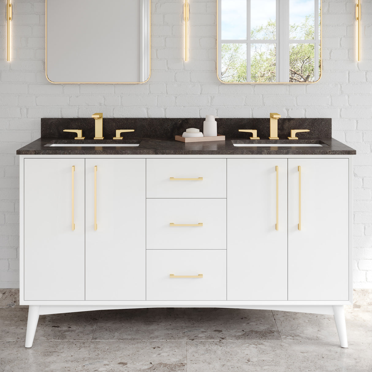 Jeffrey Alexander Dashwood 60" White Double Sink Bathroom Vanity with Blue Limestone Top - 8 in. Widespread Faucet Top