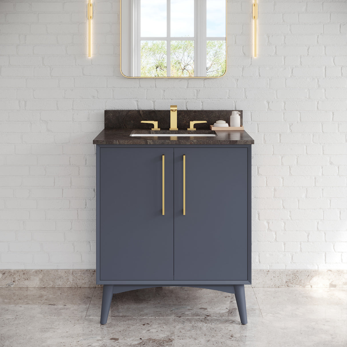 Jeffrey Alexander Dashwood Blue Steel Single Sink Bathroom Vanity with Blue Limestone Top - Single-Hole Faucet Top