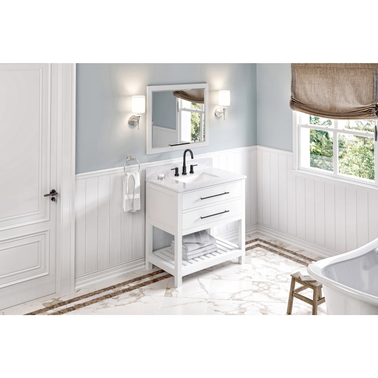 Jeffrey Alexander Wavecrest 36" White Single Sink Bathroom Vanity with White Carrara Marble Top - 8 in. Widespread Faucet Top