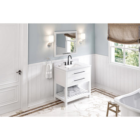 Jeffrey Alexander Wavecrest 36" White Single Sink Bathroom Vanity with White Carrara Marble Top - 8 in. Widespread Faucet Top