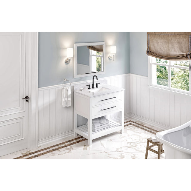 Jeffrey Alexander Wavecrest 36" White Single Sink Bathroom Vanity with White Carrara Marble Top - 8 in. Widespread Faucet Top