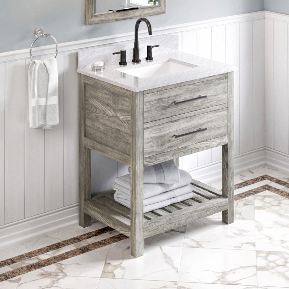 Jeffrey Alexander Wavecrest 30" Weathered Grey Single Sink Bathroom Vanity with White Carrara Marble Top - 8 in. Widespread Faucet Top product image 2