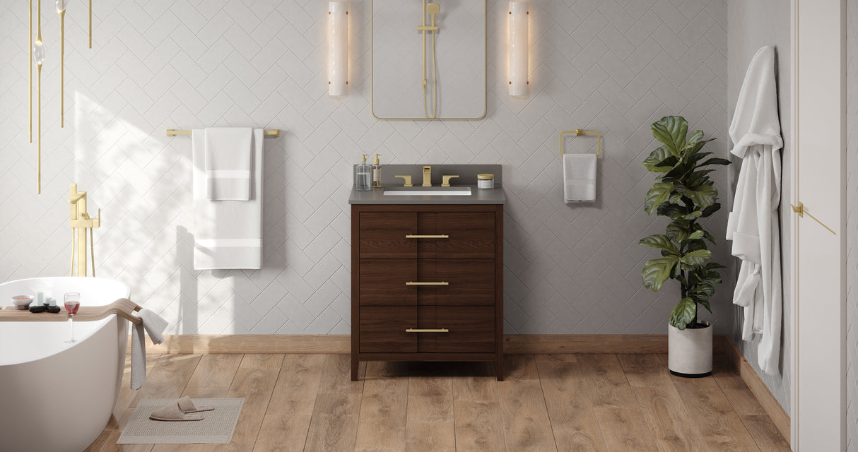 Jeffrey Alexander Katara 30" Dark Walnut Single Sink Bathroom Vanity with Grey Quartz Top - 8 in. Widespread Faucet Top product image 6