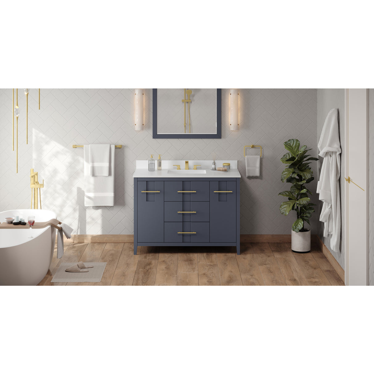 Jeffrey Alexander Katara 48" Blue Steel Single Sink Bathroom Vanity with White Quartz Top - 8 in. Widespread Faucet Top