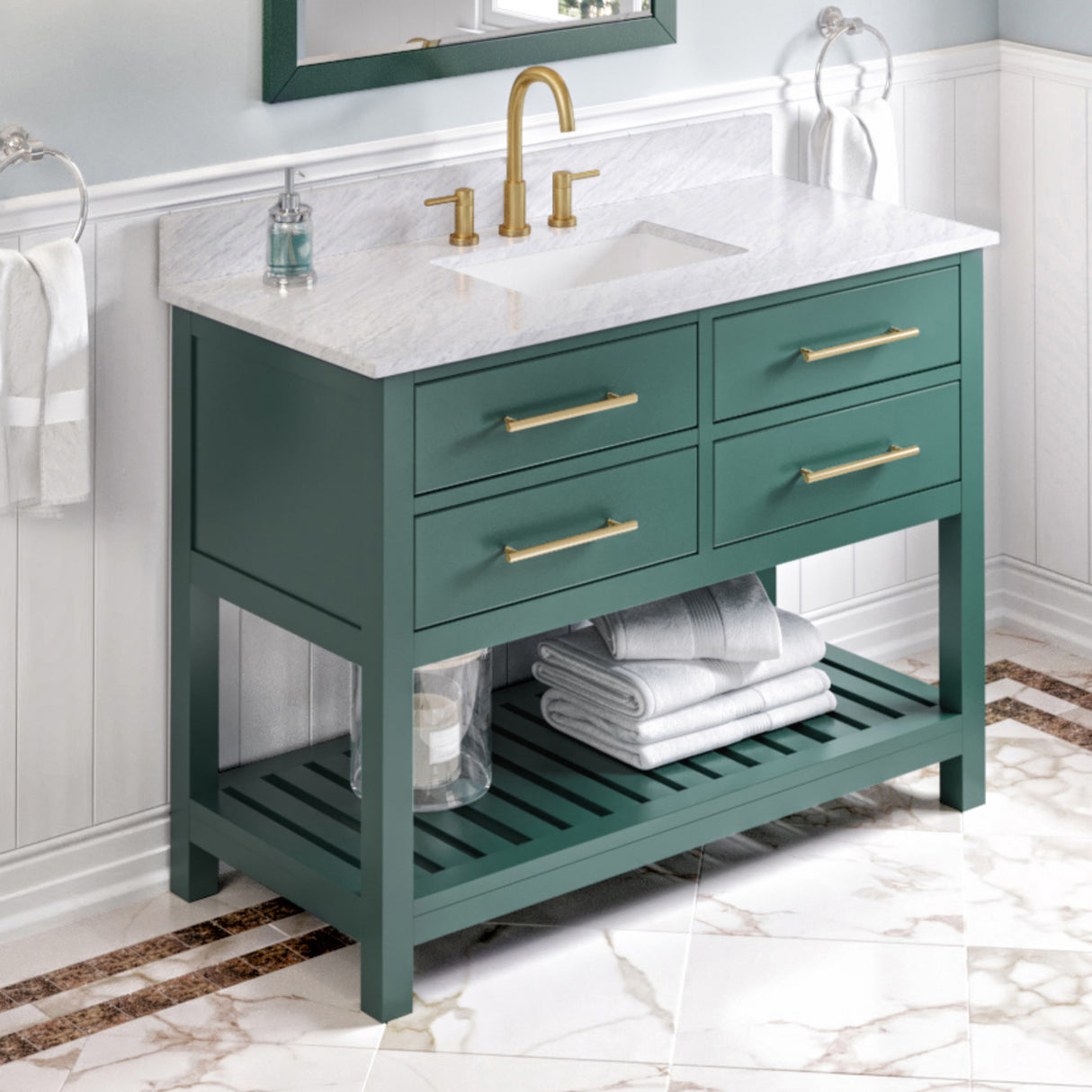 Jeffrey Alexander Wavecrest 48" Green Single Sink Bathroom Vanity with White Carrara Marble Top - 8 in. Widespread Faucet Top product image 2