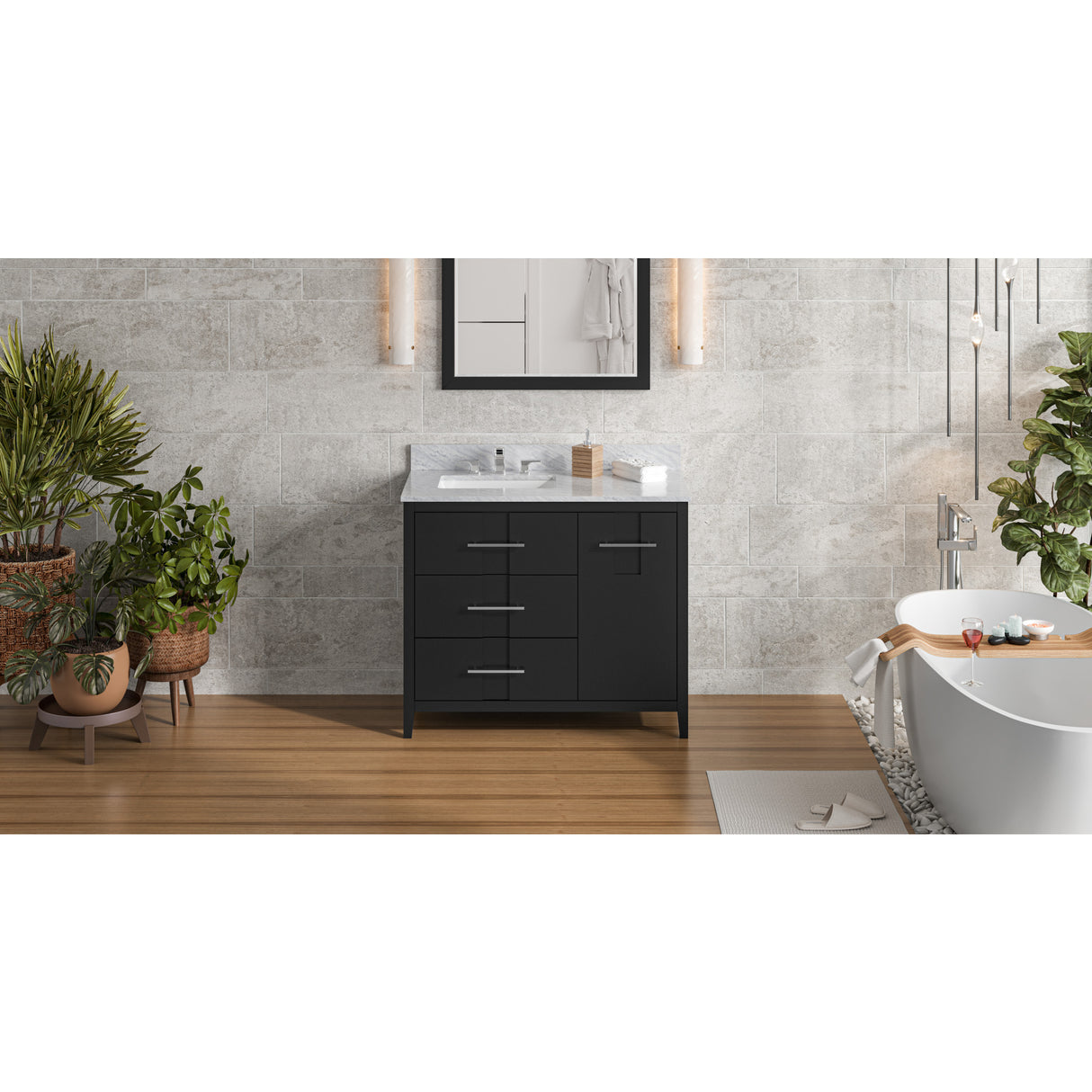 Jeffrey Alexander Katara 42" Black Single Sink Bathroom Vanity with White Carrara Marble Top - 8 in. Widespread Faucet Top