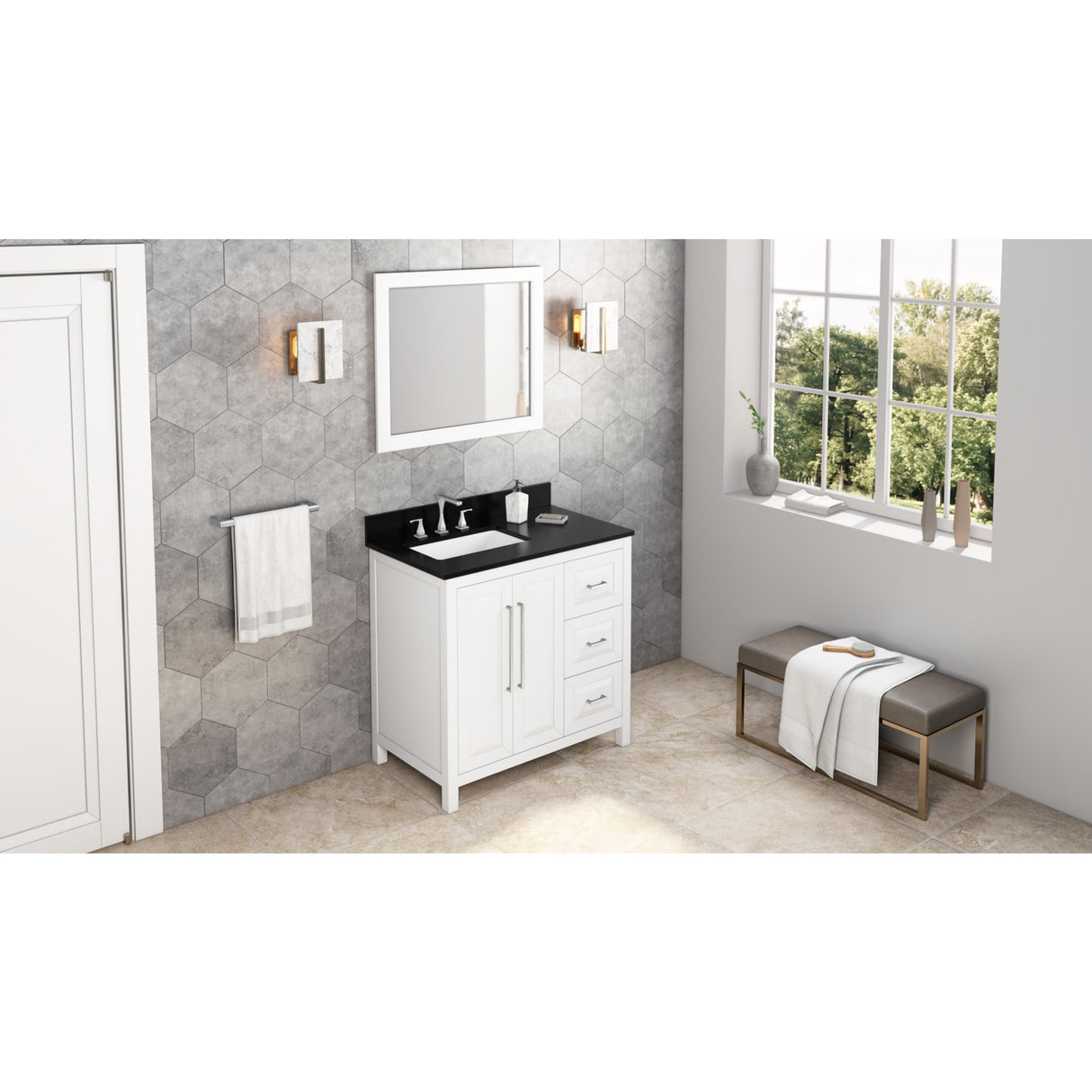 Jeffrey Alexander Cade 36" White Single Sink Bathroom Vanity with Black Granite Top - 8 in. Widespread Faucet Top