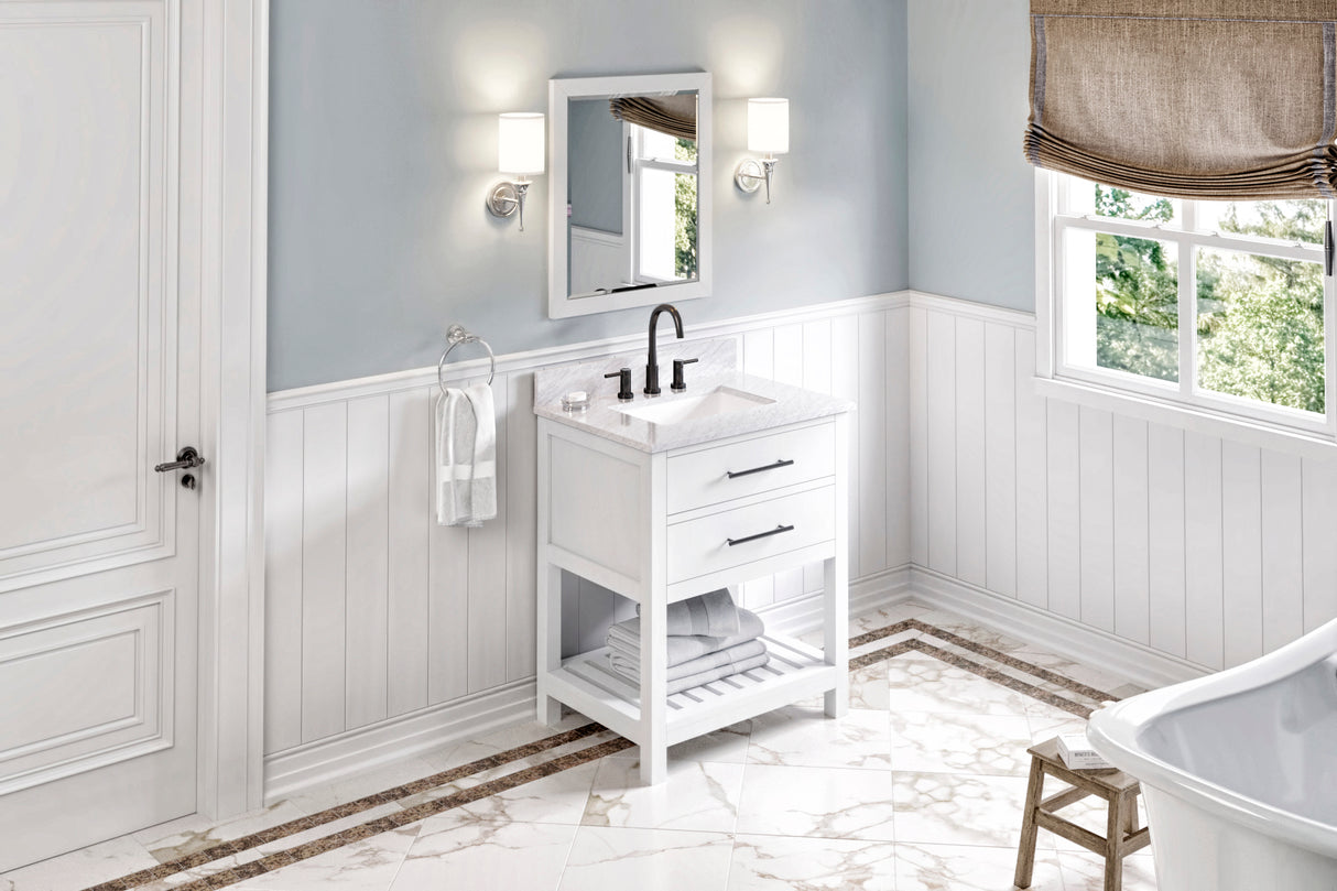 Jeffrey Alexander Wavecrest 30" White Single Sink Bathroom Vanity with White Carrara Marble Top - 8 in. Widespread Faucet Top product image 7