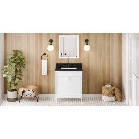 Jeffrey Alexander Theodora 30" White Single Sink Bathroom Vanity with Black Granite Top - 8 in. Widespread Faucet Top