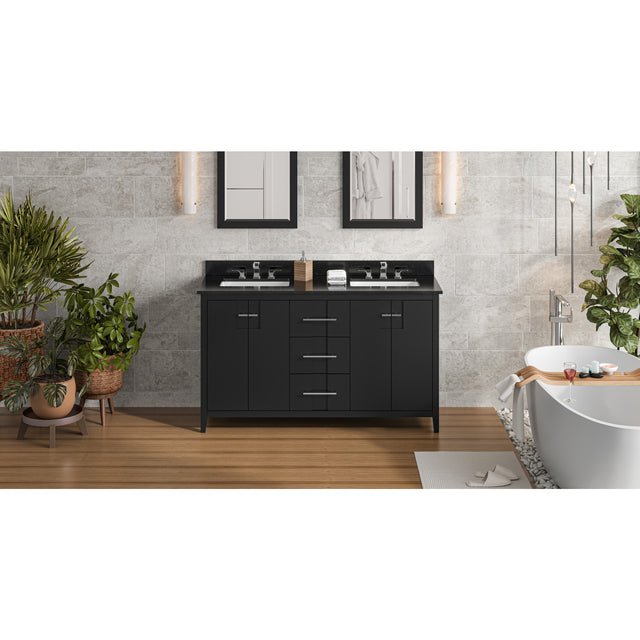 Jeffrey Alexander Katara 60" Black Double Sink Bathroom Vanity with Black Granite Top - 8 in. Widespread Faucet Top