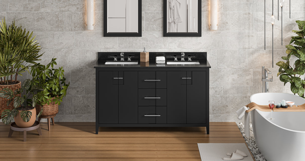 Jeffrey Alexander Katara 60" Black Double Sink Bathroom Vanity with Black Granite Top - 8 in. Widespread Faucet Top product image 6