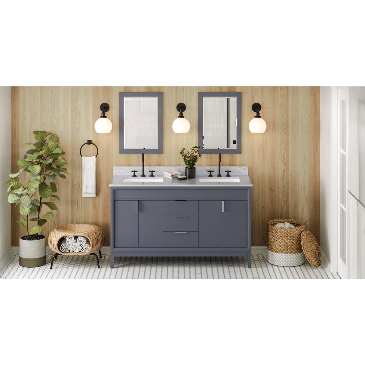 Jeffrey Alexander Theodora 60" Blue Steel Double Sink Bathroom Vanity with White Carrara Marble Top - 8 in. Widespread Faucet Top