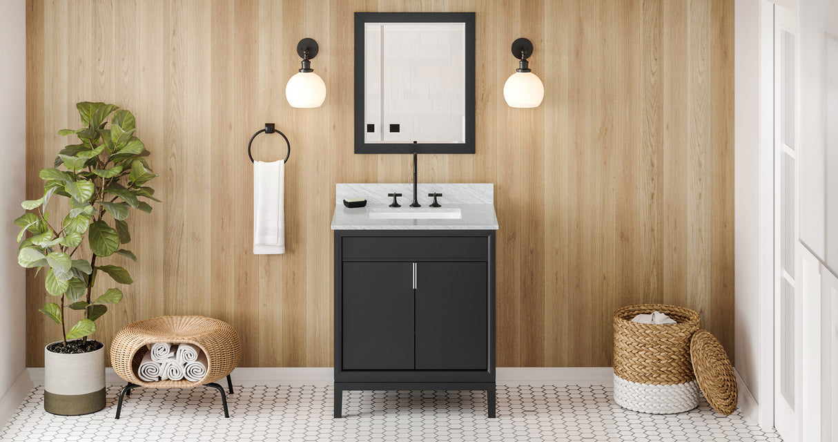 Jeffrey Alexander Theodora 30" Black Single Sink Bathroom Vanity with White Carrara Marble Top - 8 in. Widespread Faucet Top product image 7