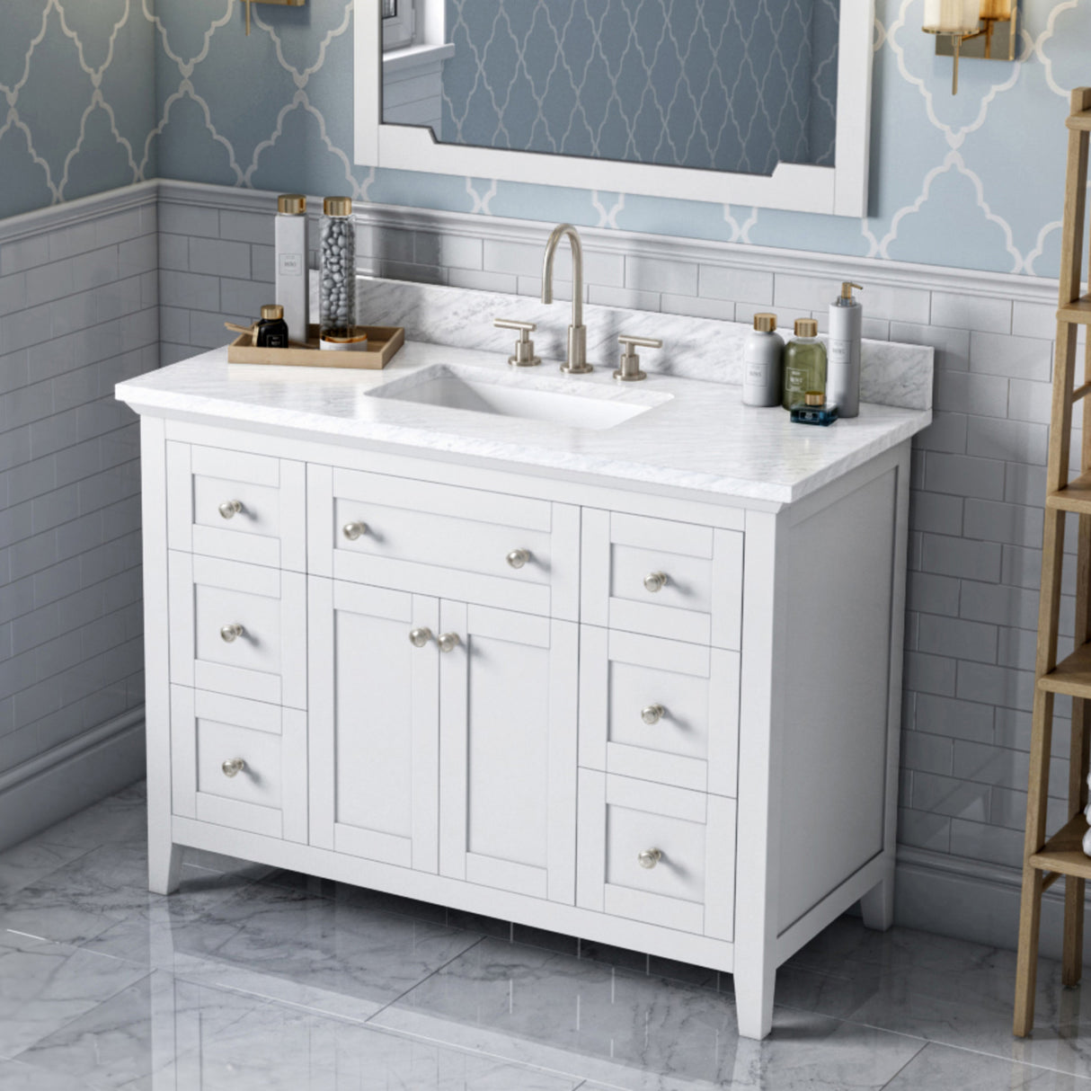Jeffrey Alexander Chatham 48" White Single Sink Bathroom Vanity with White Carrara Marble Top - 8 in. Widespread Faucet Top product image 2