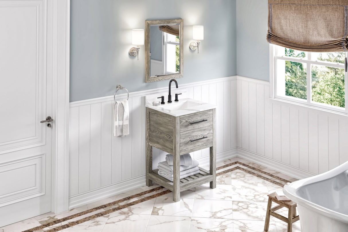 Jeffrey Alexander Wavecrest 24" Weathered Grey Single Sink Bathroom Vanity with Calacatta Vienna Quartz Top - 8 in. Widespread Faucet Top product image 7