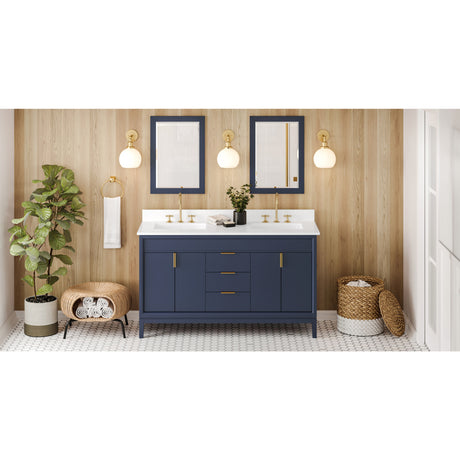 Jeffrey Alexander Theodora 60" Hale Blue Double Sink Bathroom Vanity with White Quartz Top - 8 in. Widespread Faucet Top