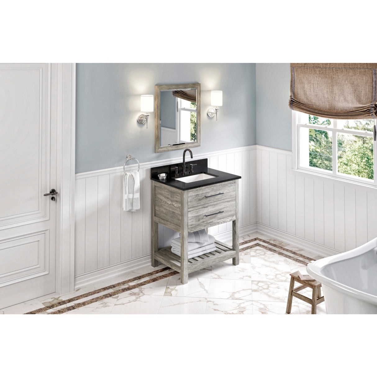 Jeffrey Alexander Wavecrest 30" Weathered Grey Single Sink Bathroom Vanity with Black Granite Top - 8 in. Widespread Faucet Top