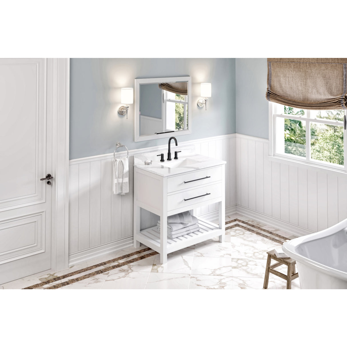 Jeffrey Alexander Wavecrest 36" White Single Sink Bathroom Vanity with Calacatta Vienna Quartz Top - 8 in. Widespread Faucet Top