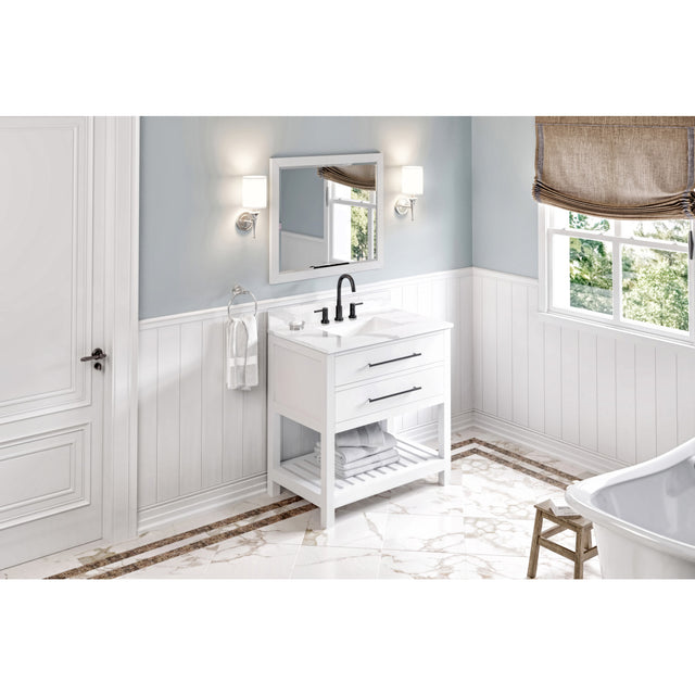 Jeffrey Alexander Wavecrest 36" White Single Sink Bathroom Vanity with Calacatta Vienna Quartz Top - 8 in. Widespread Faucet Top