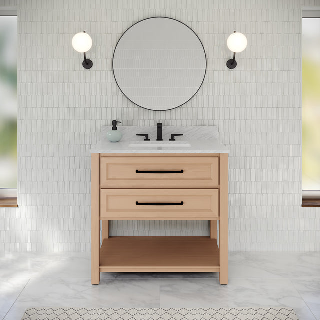 Jeffrey Alexander Kipling 37" Natural Oak Single Sink Bathroom Vanity with White Carrara Marble Top - Single-Hole Faucet Top