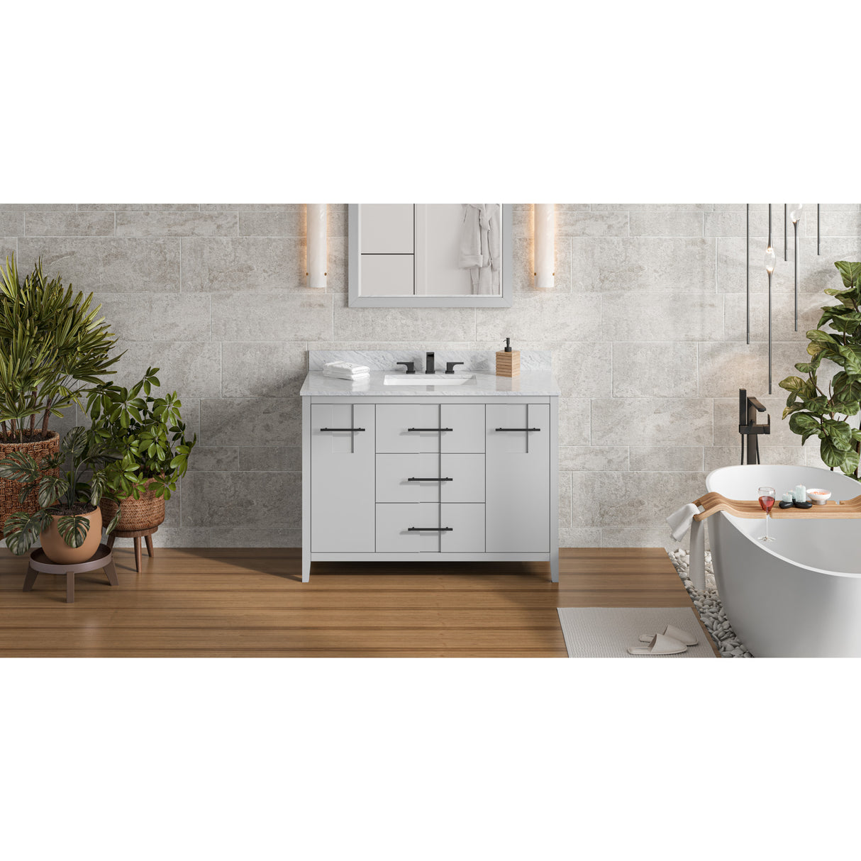 Jeffrey Alexander Katara 48" Grey Single Sink Bathroom Vanity with White Carrara Marble Top - 8 in. Widespread Faucet Top