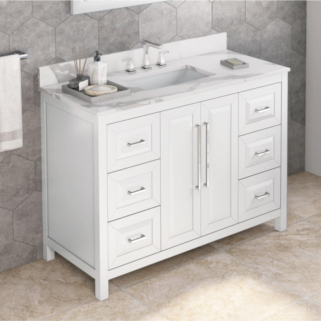 Jeffrey Alexander Cade 48" White Single Sink Bathroom Vanity with Calacatta Vienna Quartz Top - 8 in. Widespread Faucet Top product image 2