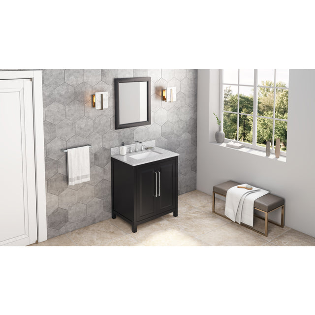 Jeffrey Alexander Cade 30" Black Single Sink Bathroom Vanity with White Carrara Marble Top - 8 in. Widespread Faucet Top