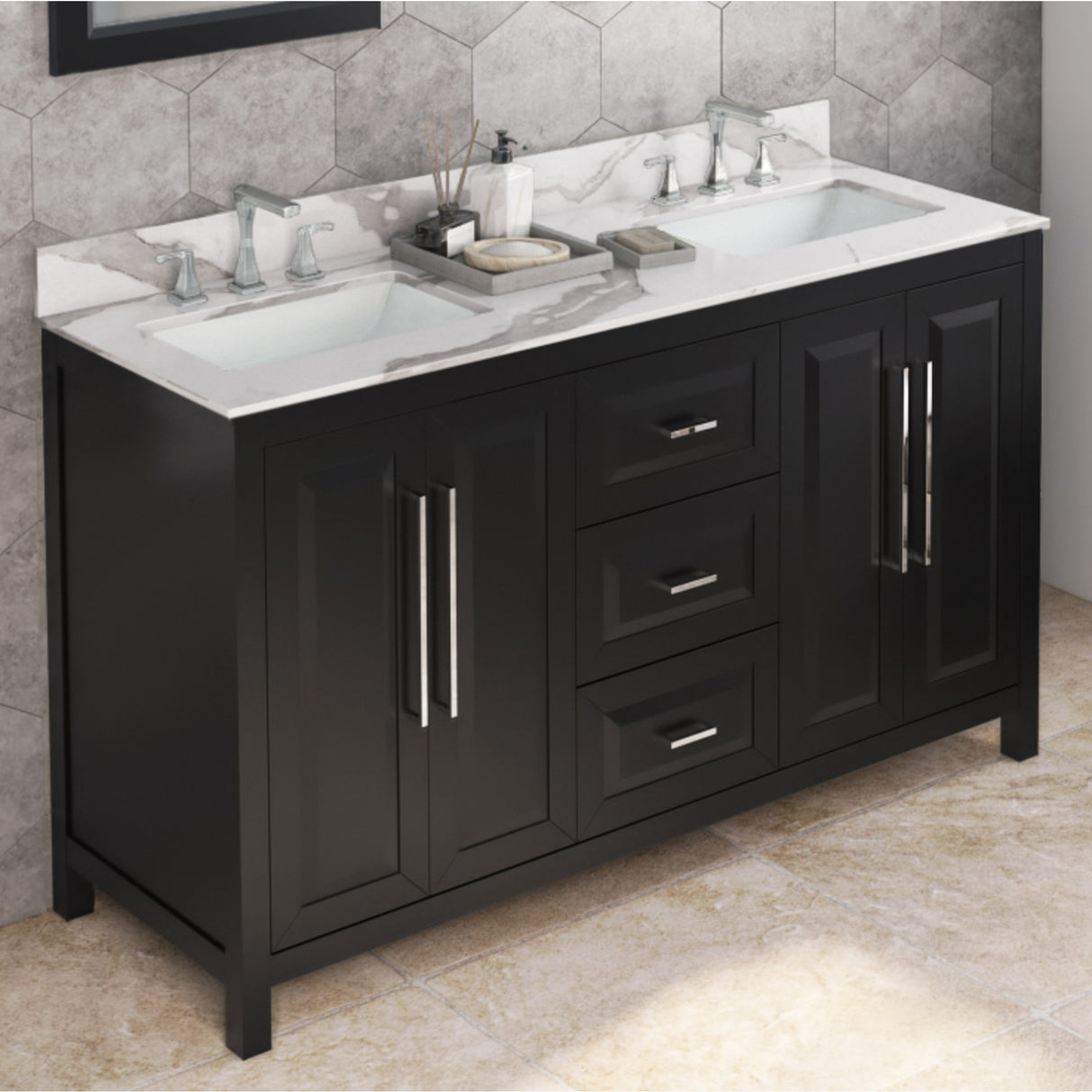 Jeffrey Alexander Cade 60" Black Double Sink Bathroom Vanity with Calacatta Vienna Quartz Top - 8 in. Widespread Faucet Top product image 2