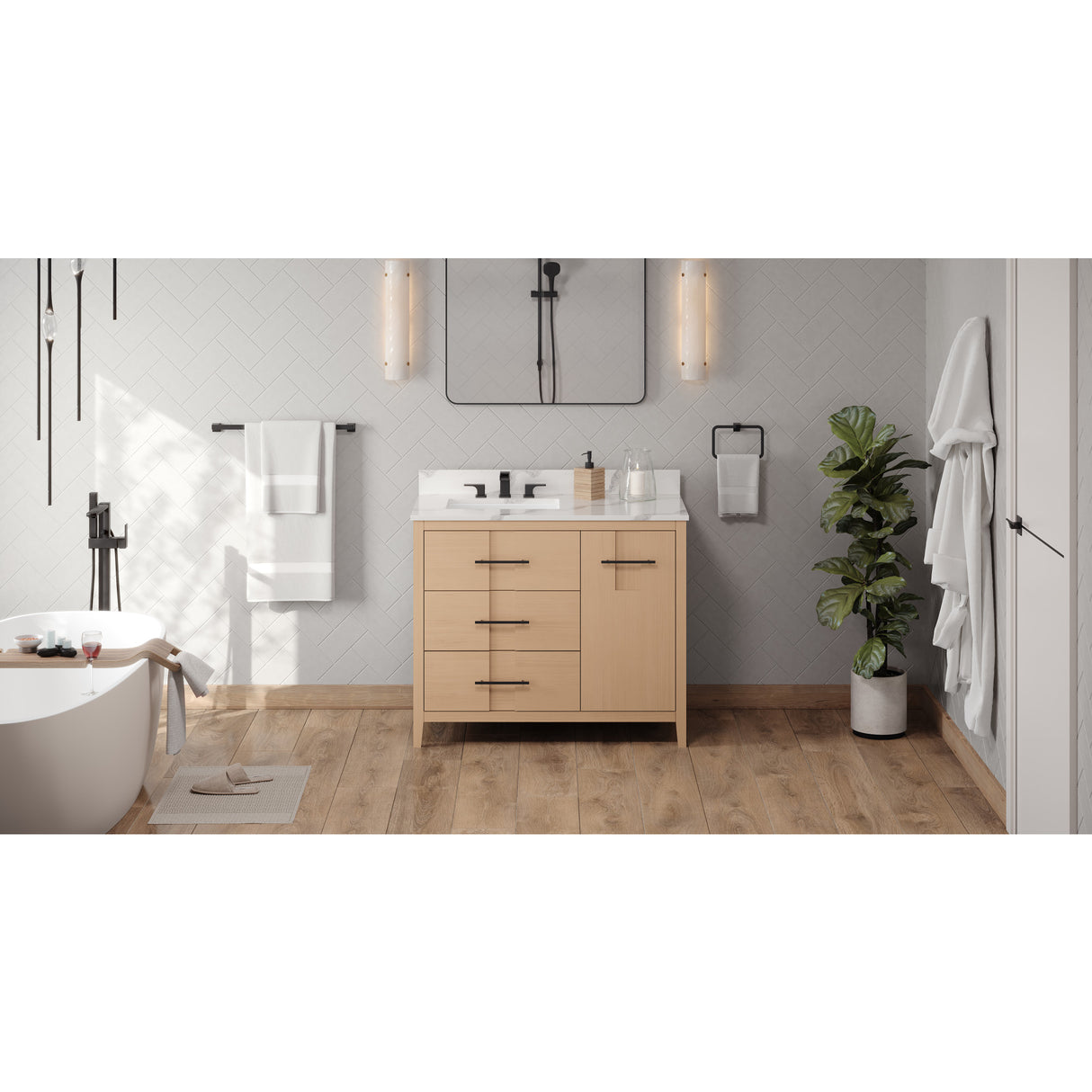 Jeffrey Alexander Katara 42" Natural Oak Single Sink Bathroom Vanity with Calacatta Vienna Quartz Top - 8 in. Widespread Faucet Top