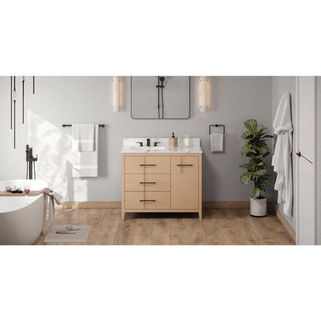 Jeffrey Alexander Katara 42" Natural Oak Single Sink Bathroom Vanity with Calacatta Vienna Quartz Top - 8 in. Widespread Faucet Top