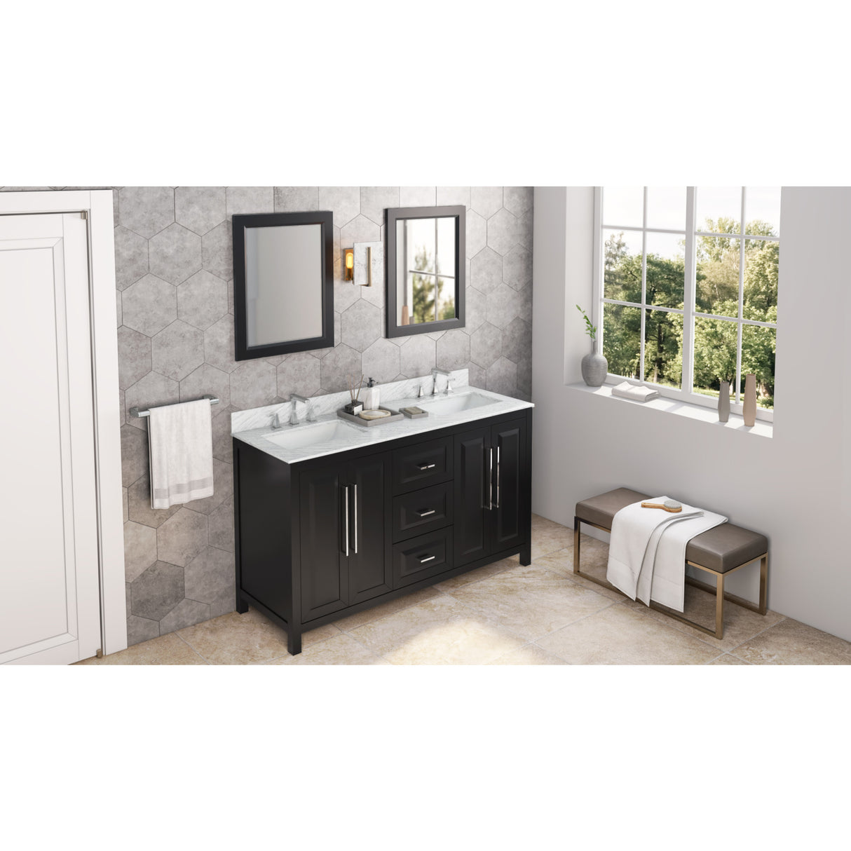Jeffrey Alexander Cade 60" Black Double Sink Bathroom Vanity with White Carrara Marble Top - 8 in. Widespread Faucet Top