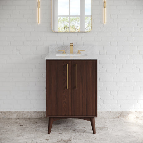 Jeffrey Alexander Dashwood Dark Walnut Single Sink Bathroom Vanity with White Carrara Marble Top - Single-Hole Faucet Top - VKITDAS24DWWCR