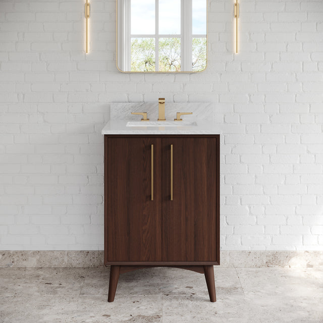 Jeffrey Alexander Dashwood Dark Walnut Single Sink Bathroom Vanity with White Carrara Marble Top - Single-Hole Faucet Top - VKITDAS24DWWCR