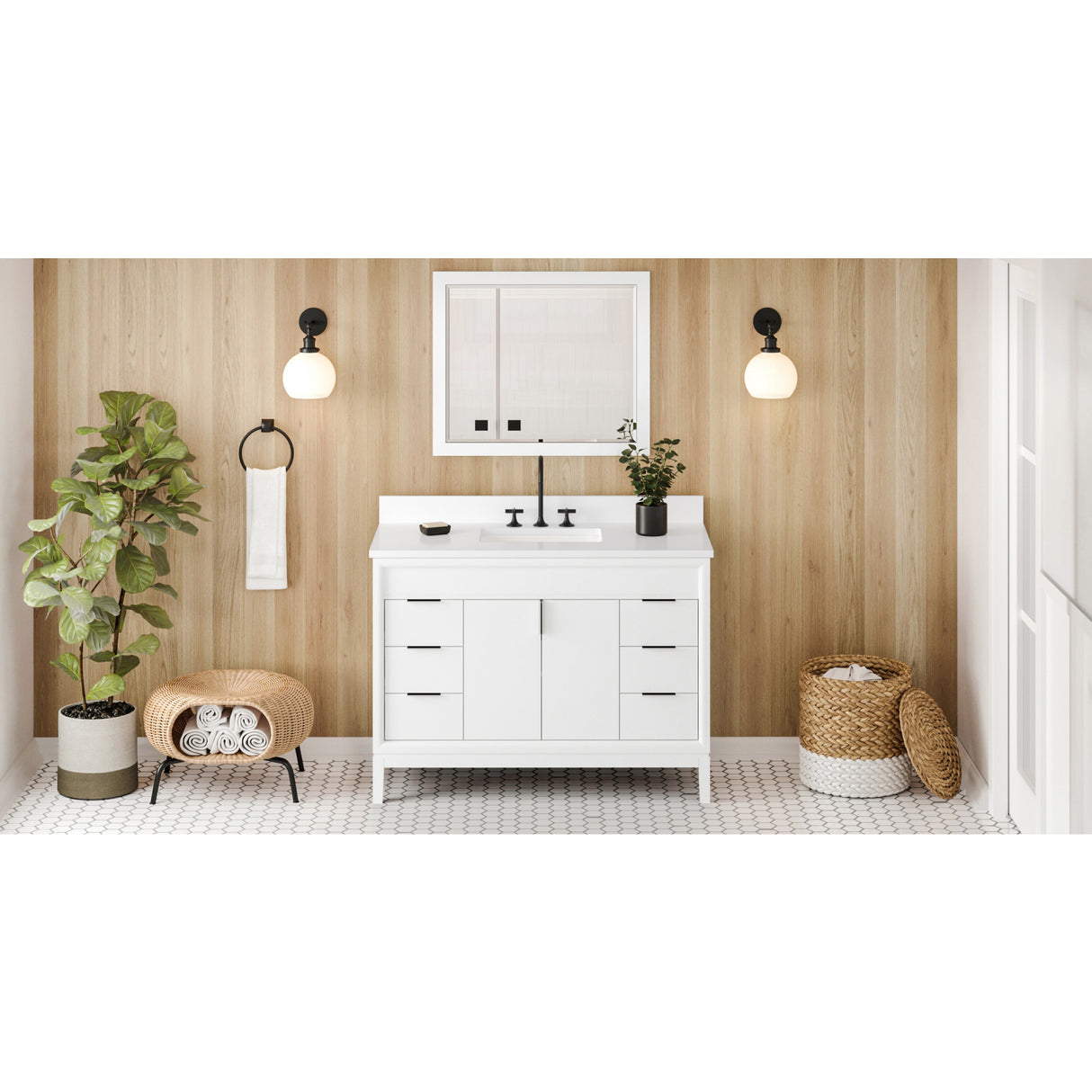 Jeffrey Alexander Theodora 48" White Single Sink Bathroom Vanity with White Quartz Top - 8 in. Widespread Faucet Top