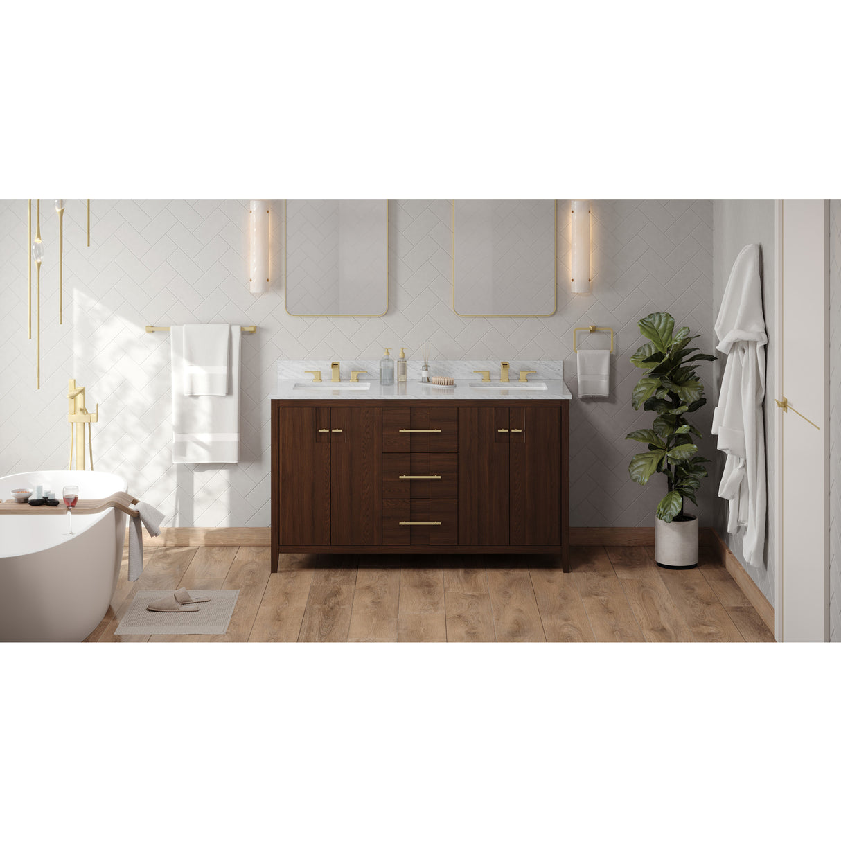 Jeffrey Alexander Katara 60" Dark Walnut Double Sink Bathroom Vanity with White Carrara Marble Top - 8 in. Widespread Faucet Top