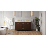 Jeffrey Alexander Katara 60" Dark Walnut Double Sink Bathroom Vanity with White Carrara Marble Top - 8 in. Widespread Faucet Top