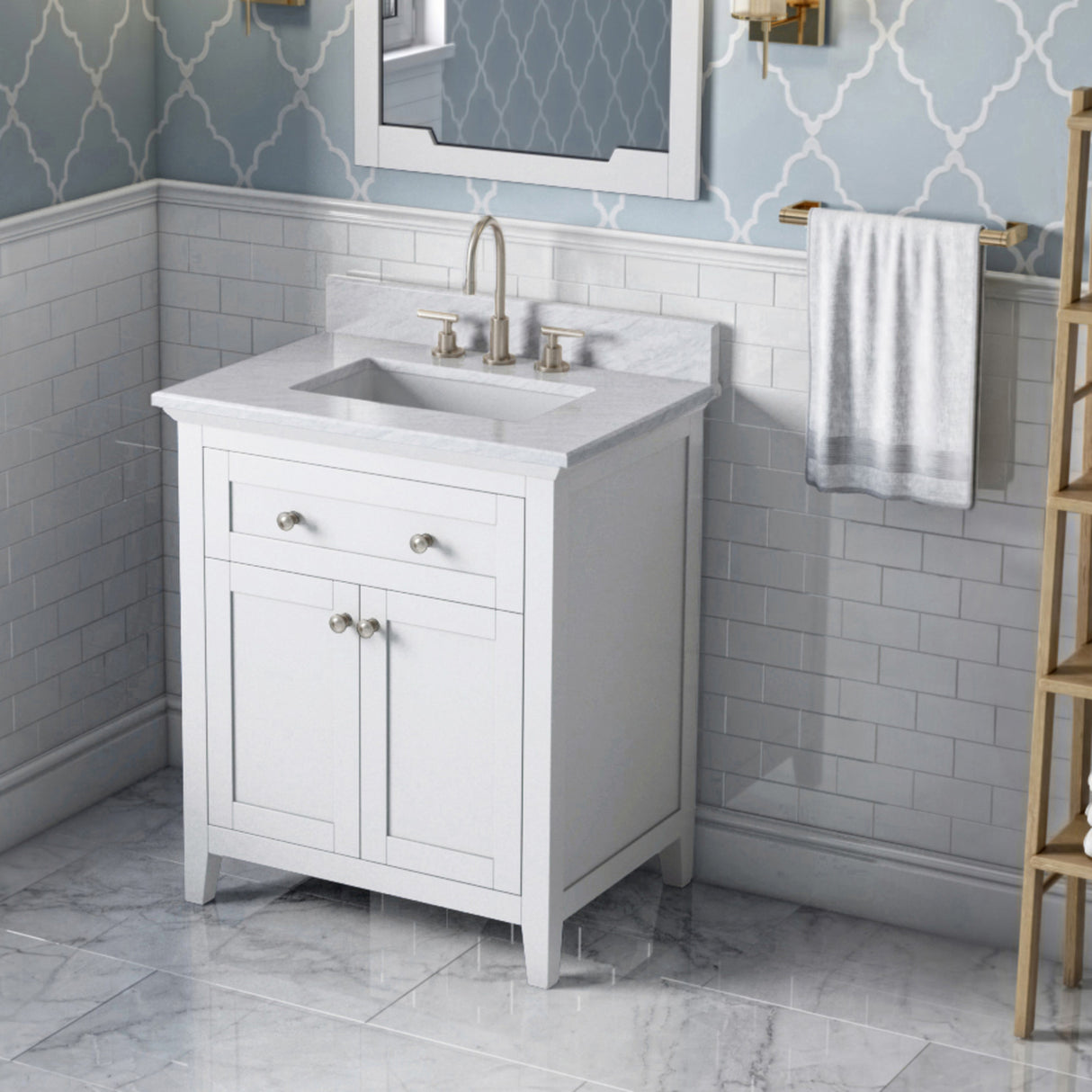 Jeffrey Alexander Chatham 30" White Single Sink Bathroom Vanity with White Carrara Marble Top - 8 in. Widespread Faucet Top product image 2