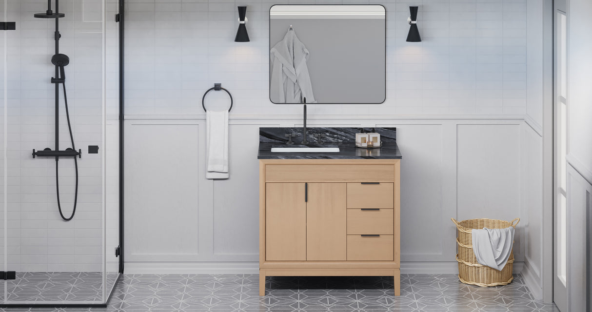Jeffrey Alexander Theodora 36" Natural Oak Single Sink Bathroom Vanity with Grey Marble Top - 8 in. Widespread Faucet Top product image 6